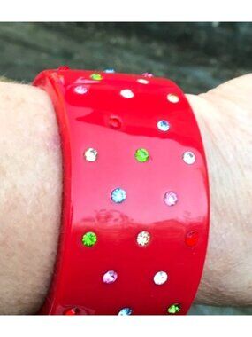 Chunky Wide Red Lucite Cuff Bracelet w/ Multicolor Rhinestones Runway Statement